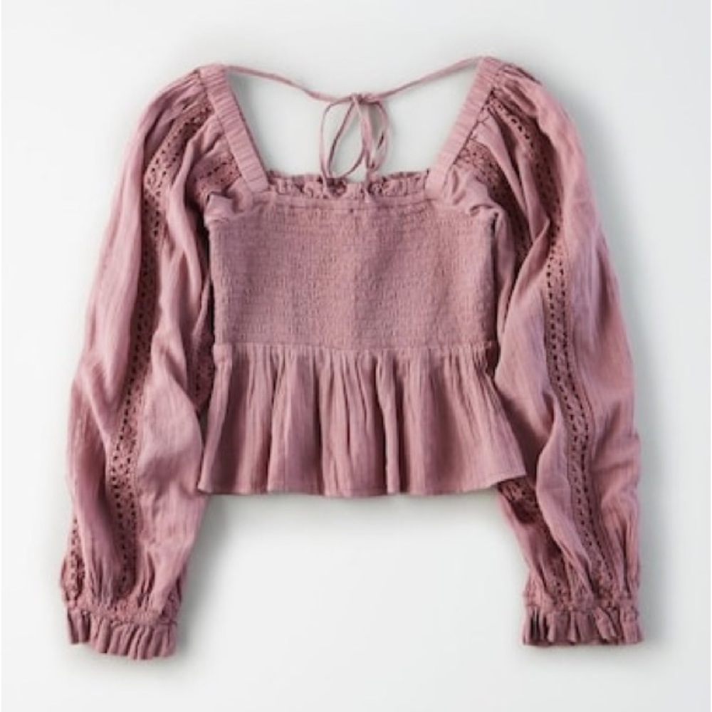 American Eagle Mauve Smocked Boho Peasant Top, Medium